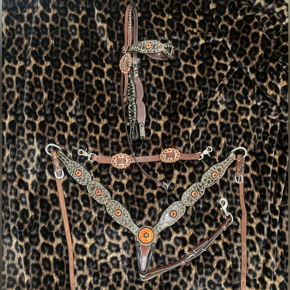 Orange and black crystal bling tack set with gator leather